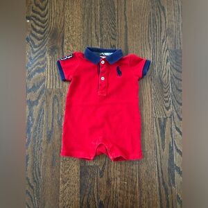 Ralph Lauren Boys 3M Red/Blue Polo Collared Short-Sleeved Romper w/Embroidery